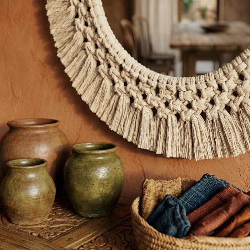 Handmade Boho Macrame Wall Mirror (45 cm) - Round Woven Cotton Rope Decorative Mirror with 25 cm Natural Wood Hoop - Bohemian Wall Art Decor for Living Room, Bedroom, and Nursery - Image 4