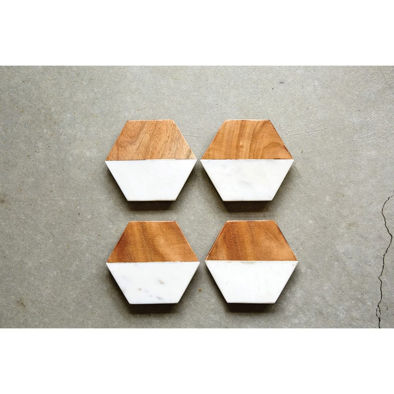 Creative Co-Op Marble and Natural Mango Wood Coasters (Set of 4)  Hexagon  Multicolored - Image 2