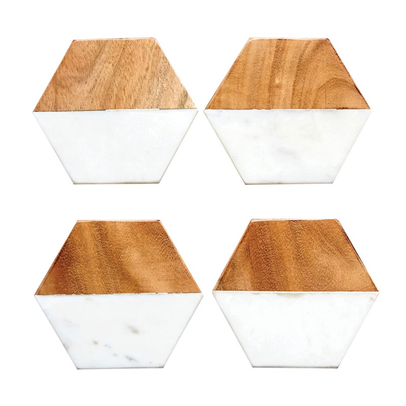 Creative Co-Op Marble and Natural Mango Wood Coasters (Set of 4)  Hexagon  Multicolored - Image 1