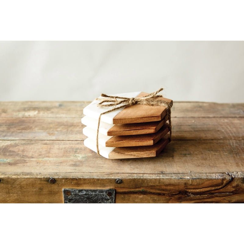 Creative Co-Op Marble and Natural Mango Wood Coasters (Set of 4)  Hexagon  Multicolored - Image 3