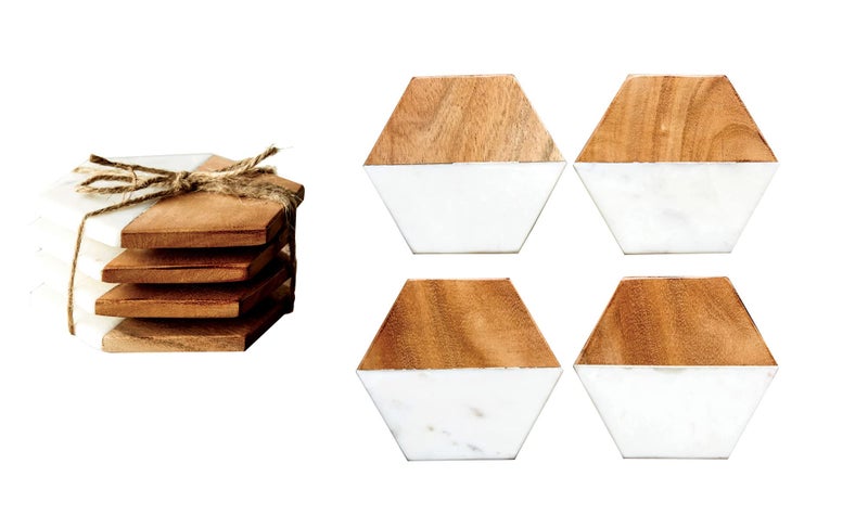 Creative Co-Op Marble and Natural Mango Wood Coasters (Set of 4)  Hexagon  Multicolored - Image 4