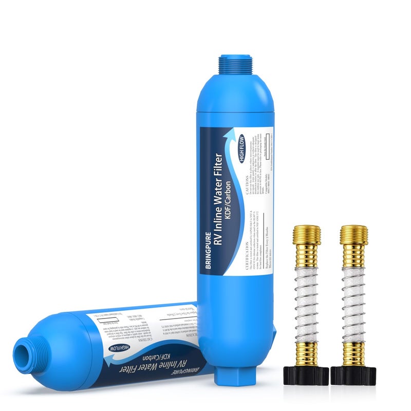 Bringpure 2 Packs of RV Inline Water Filter with Flexible Hose Protector, NSF 42/372 Certified, Reduce Chlorine, Odor, Taste, Rust and Fluoride in Drinking Water, Dedicated for RVs and Marines. - Image 1