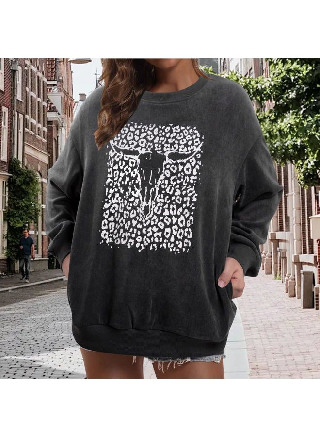 UNIQUEONE Boho Cow Skull Sweatshirt Women: Oversized Vintage Western Rodeo Graphic Tee Country Concert Outfits Pullover Tops Gray - Image 2