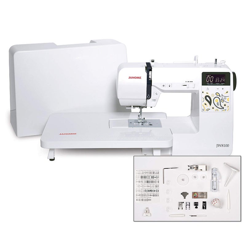 Janome Janome JW8100 FullyFeatured Computerized Sewing Machine with 100 Stitches 7 Buttonholes Hard Cover Extension Table and 22 Accessories 