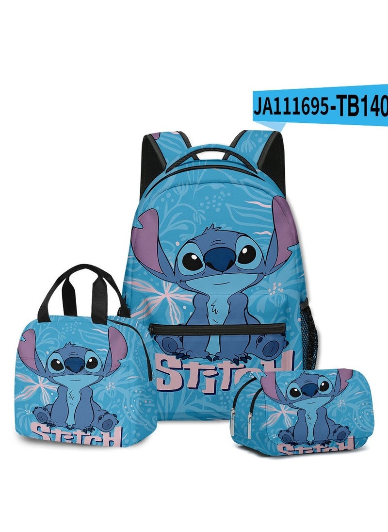 SKT Shiketro Stitch Student School Bag Children's Lunch Bag Pencil Case Three-Piece Set 30*40*17cm