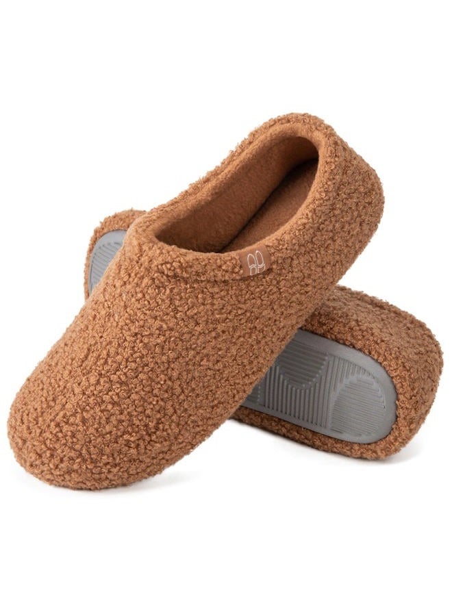 HomeTop Women's Fuzzy Curly Fur Memory Foam Loafer Slippers Bedroom House Shoes with Polar Fleece Lining (5-6 US,Tan)  - Image 1
