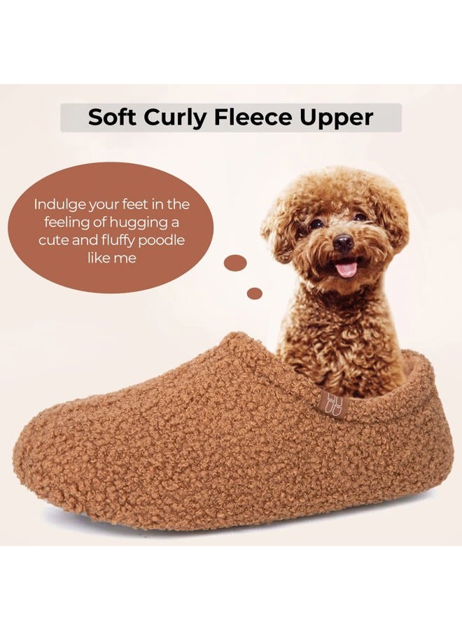 HomeTop Women's Fuzzy Curly Fur Memory Foam Loafer Slippers Bedroom House Shoes with Polar Fleece Lining (5-6 US,Tan)  - Image 3
