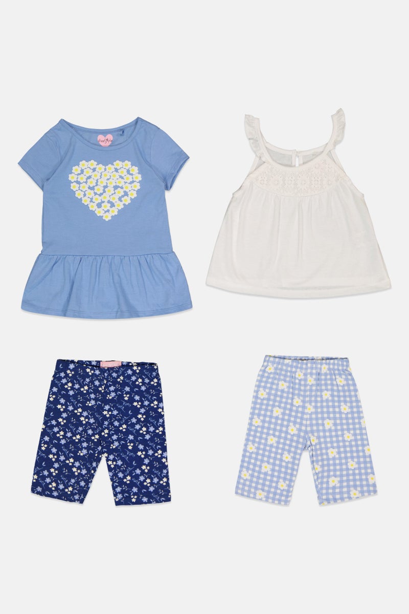 Freestyle طقم تي شيرت وشورت مزخرف بالأزهار للفتيات 4 قطع، متعدد الألوان - Image 3