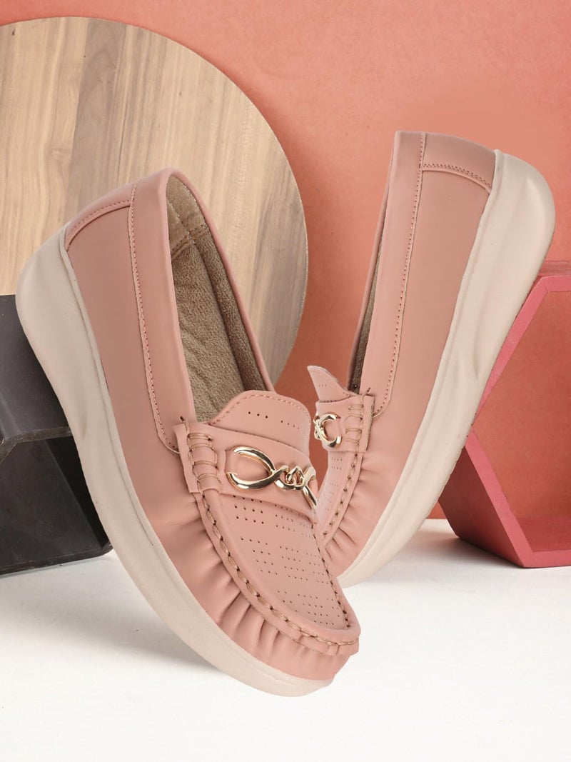 KRAFTER Chunky Slip-On Casual Comfort, Trendy Style, Easy Wear Loafers for Women & Girls-Pink-M046-38 - Image 4