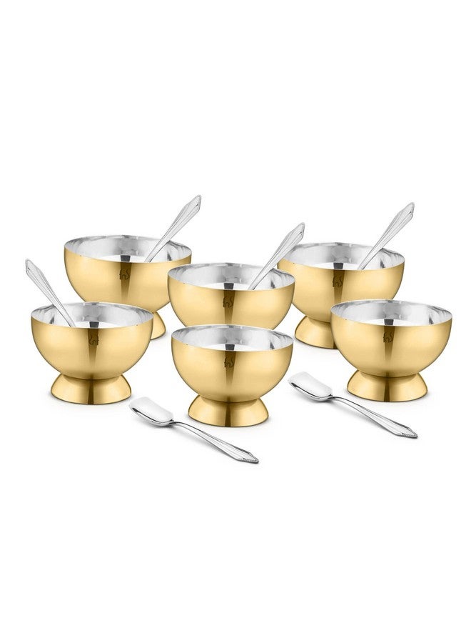 FNS Savory 6 Bowls and 6 Spoons Set for Ice Cream, Dessert, Gulab jamun, Halwa Katori- Stainless Steel Bowls Set with Spoon |Food Grade Safe | Fancy Serving Bowls for Snacks - Gold - Image 1