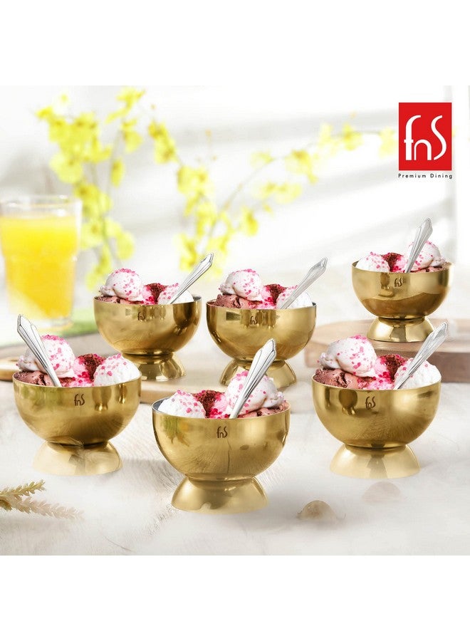 FNS Savory 6 Bowls and 6 Spoons Set for Ice Cream, Dessert, Gulab jamun, Halwa Katori- Stainless Steel Bowls Set with Spoon |Food Grade Safe | Fancy Serving Bowls for Snacks - Gold - Image 2