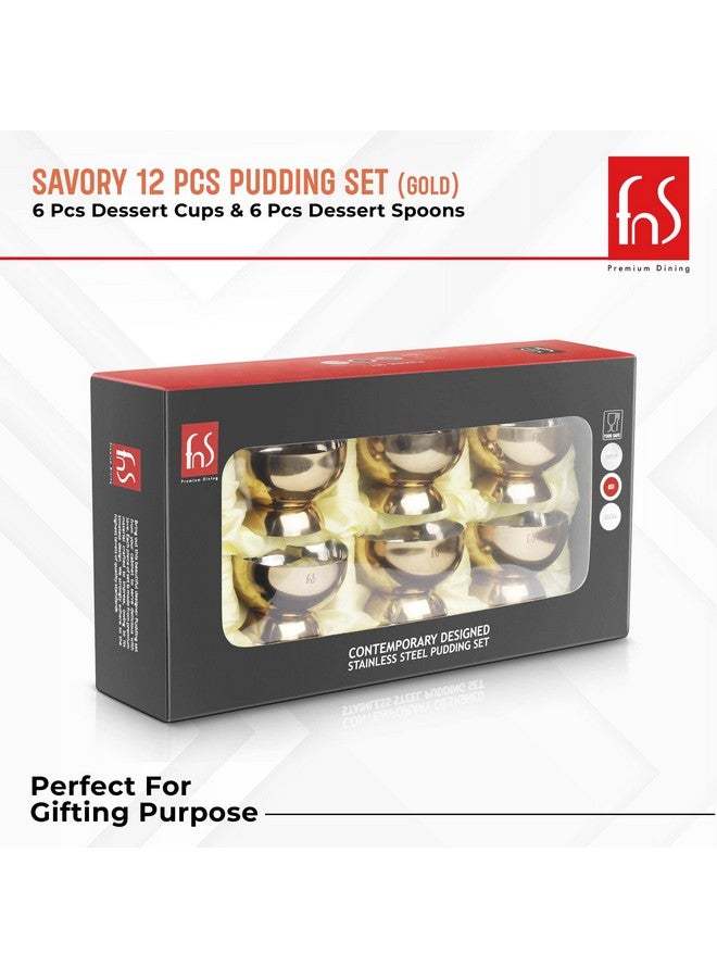 FNS Savory 6 Bowls and 6 Spoons Set for Ice Cream, Dessert, Gulab jamun, Halwa Katori- Stainless Steel Bowls Set with Spoon |Food Grade Safe | Fancy Serving Bowls for Snacks - Gold - Image 5
