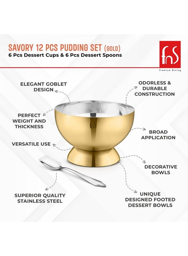FNS Savory 6 Bowls and 6 Spoons Set for Ice Cream, Dessert, Gulab jamun, Halwa Katori- Stainless Steel Bowls Set with Spoon |Food Grade Safe | Fancy Serving Bowls for Snacks - Gold - Image 4