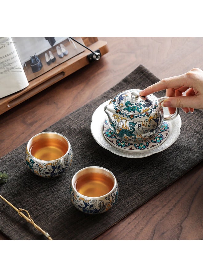 Wangyi Guochao Silver Tea Set High-end Commemorative Gift Festival Business Souvenir 1 Teapot 2 Cups Four Divine Beasts Set - Image 2