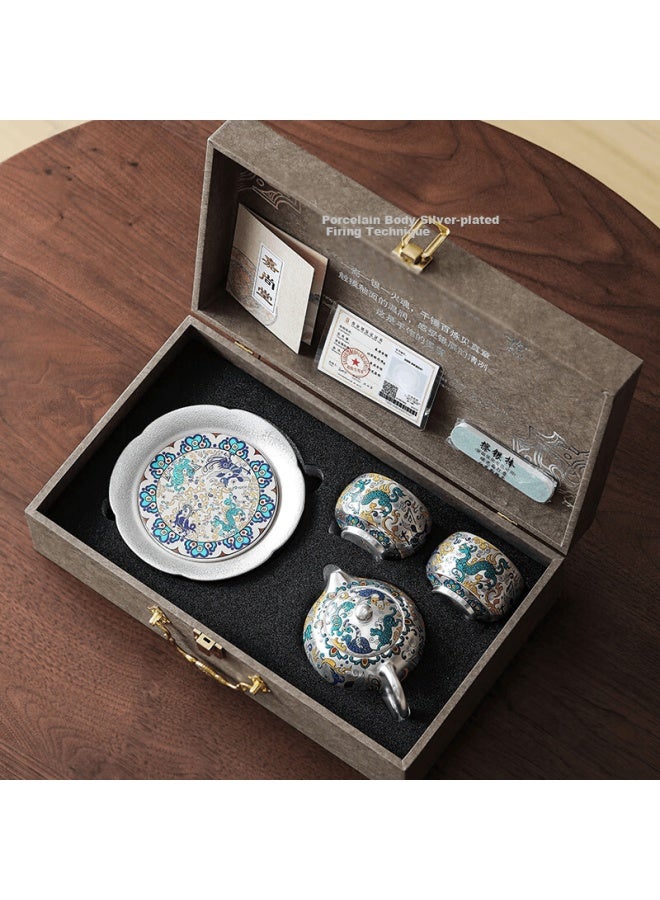 Wangyi Guochao Silver Tea Set High-end Commemorative Gift Festival Business Souvenir 1 Teapot 2 Cups Four Divine Beasts Set - Image 1