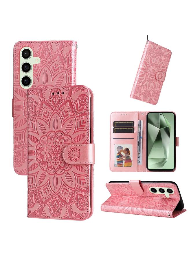 جراب هاتف جلدي منقوش عليه زهرة عباد الشمس لهاتف Samsung Galaxy S24 FE 5G (ذهبي وردي)