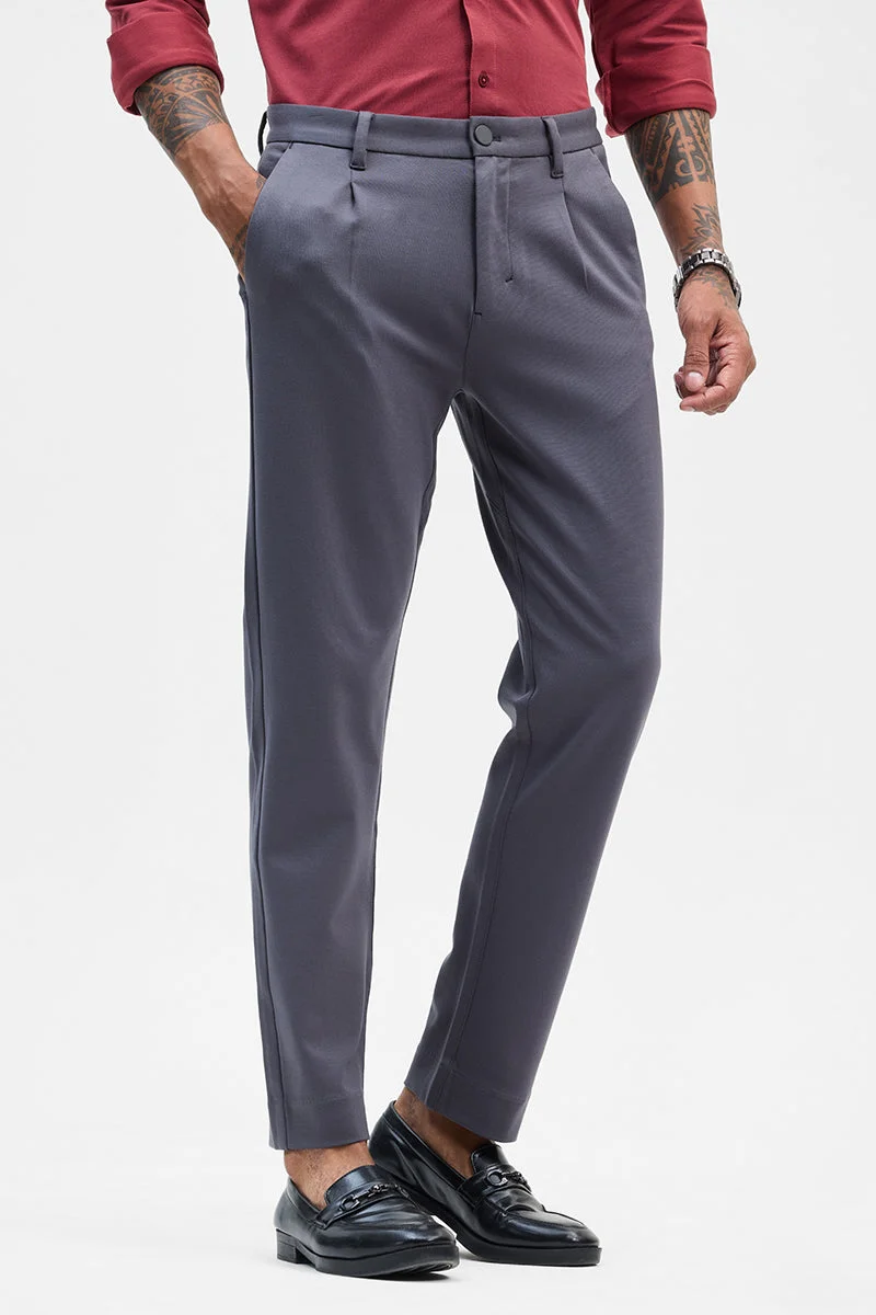 SNITCH Charcoal Grey Solid Slim Fit Formal Trousers