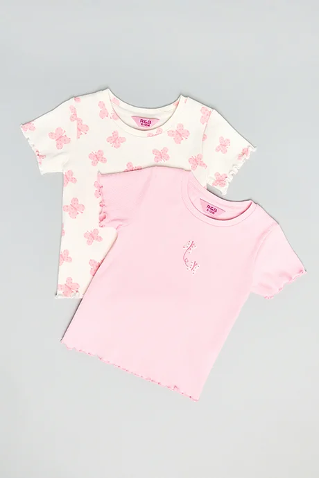 أر أند بي 2 Pack Butterfly Print Tops with Crew Neck and Short Sleeves