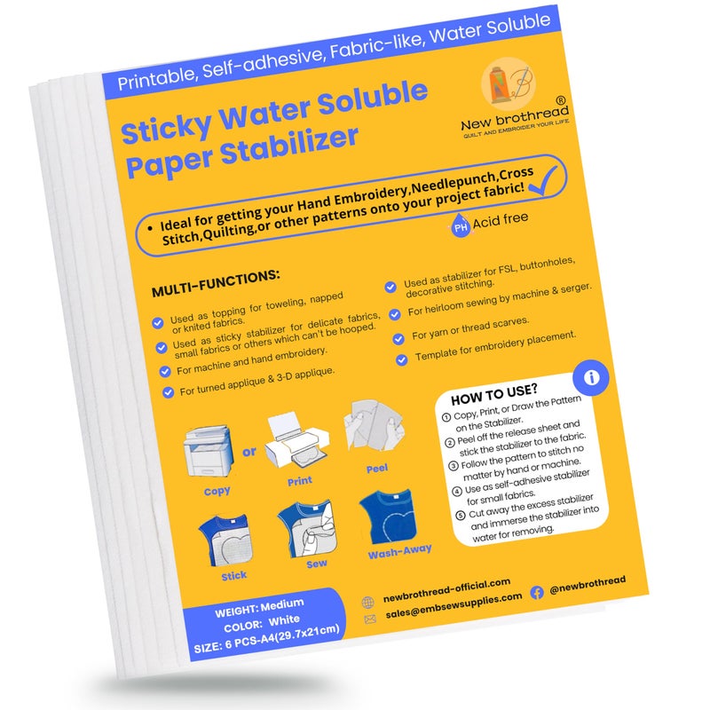 New brothread بروثيرد الجديد 6 قطع A4 297x21 سم مثبت تطريز قابل للذوبان في الماء ورق تطريز قابل للطباعة وزن متوسط مسموح للطباعة أو رسم الأنماط الأفضل للتطريز اليدوي والآلي