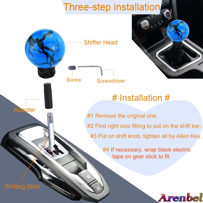 Arenbel Car Racing Round Gear Shifter Grip Speed Handle Marble Ball Shape Stick Lever Shift Head Knob Fit Regular Auto Manual Transmissions, Blue - Image 4