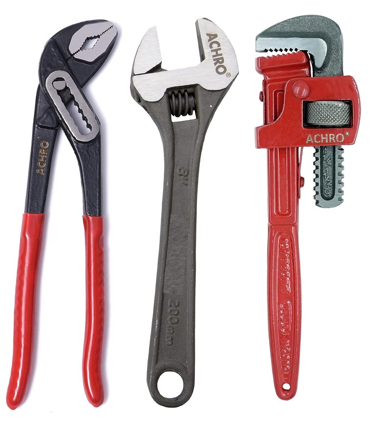 ACHRO Kit Of 3 Tools Plumbing Kit Contains 10 Inch Water Pump Plier 10 Inch Pipe Wrench 8 Inch Adjustable wrench Multipurpose Tool Kit Set for All Jobs Open End Flexible end - Image 1