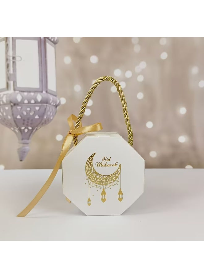 Kandid حقيبة هدايا عيد مبارك صناديق حلوى رمضان، تصميم هلال أبيض وذهبي، صناديق ورقية مع مقابض، 5 عبوات - Image 4