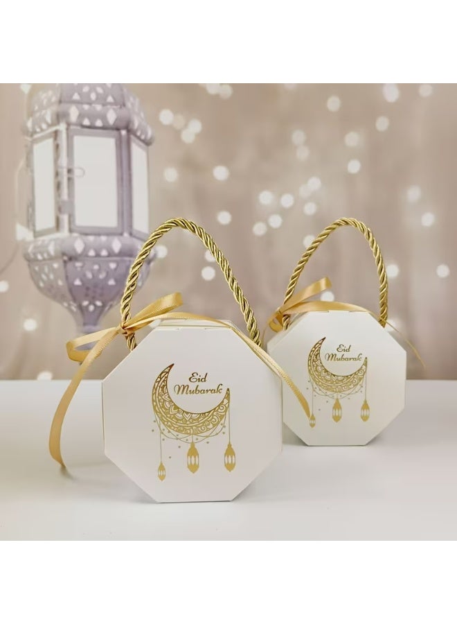 Kandid حقيبة هدايا عيد مبارك صناديق حلوى رمضان، تصميم هلال أبيض وذهبي، صناديق ورقية مع مقابض، 5 عبوات - Image 3