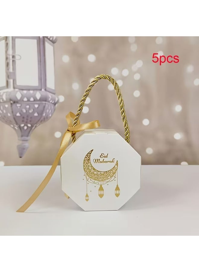 Kandid حقيبة هدايا عيد مبارك صناديق حلوى رمضان، تصميم هلال أبيض وذهبي، صناديق ورقية مع مقابض، 5 عبوات - Image 2