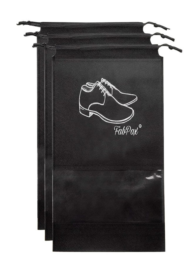 FabPax Set of 3 Shoe Bag for Travel & Storage, Shoe Cover for Travelling, Shoe Organizer for Women & Men, Shoe Pouches with Clear Window, Shoe Bags with Drawstring Closure (Black - Pack of 3) - Image 1