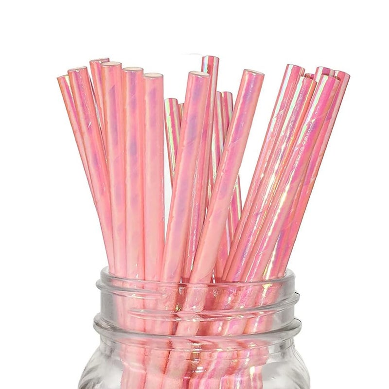 BOFA Eco Tableware Iridescent Pink Paper Drinking Straws  100 Pack Shiny Foil Pink Coral Pearl Straws Disposable Paper Straw for Candy Sticks  Birthday Party  Iridescent Decoration - Image 1