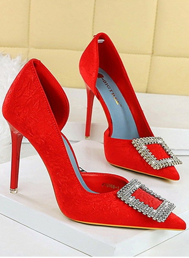 BIGTREE Women's Elegant Closed Pointed Toe High Heels Rhinestone Square Buckle Decoration Stiletto Pumps Red 10.5CM - Image 2