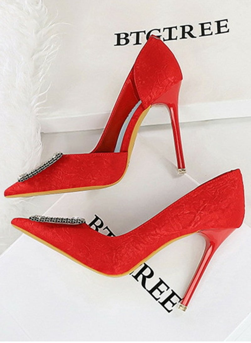 BIGTREE Women's Elegant Closed Pointed Toe High Heels Rhinestone Square Buckle Decoration Stiletto Pumps Red 10.5CM - Image 3