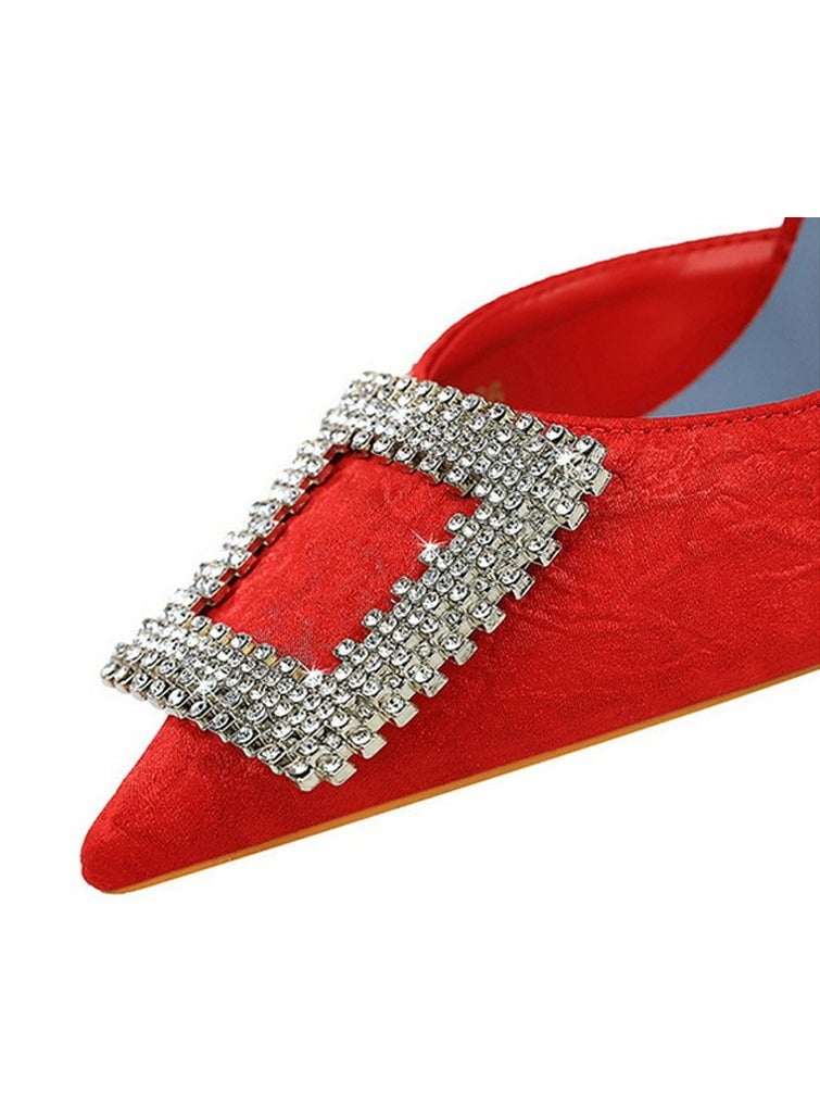 BIGTREE Women's Elegant Closed Pointed Toe High Heels Rhinestone Square Buckle Decoration Stiletto Pumps Red 10.5CM - Image 4