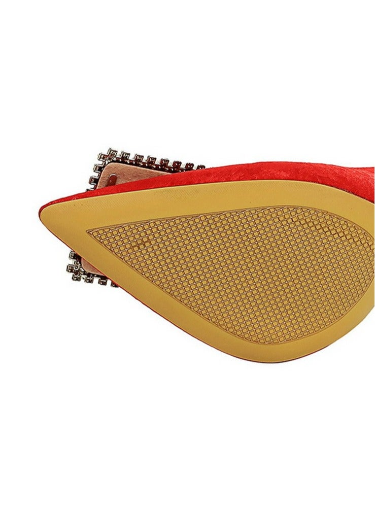 BIGTREE Women's Elegant Closed Pointed Toe High Heels Rhinestone Square Buckle Decoration Stiletto Pumps Red 10.5CM - Image 5