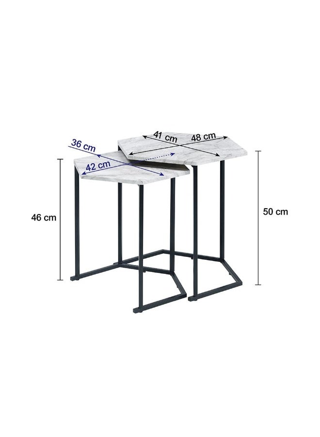DANUBE HOME طقم طاولات ريبن المتداخلة من 2 - طاولات نهاية أنيقة من الرخام الأبيض والأسود لغرفة المعيشة، خشب هندسي ومعدن، مثالية للمساحات الصغيرة، الحجم L48xW41xH50cm - Image 3