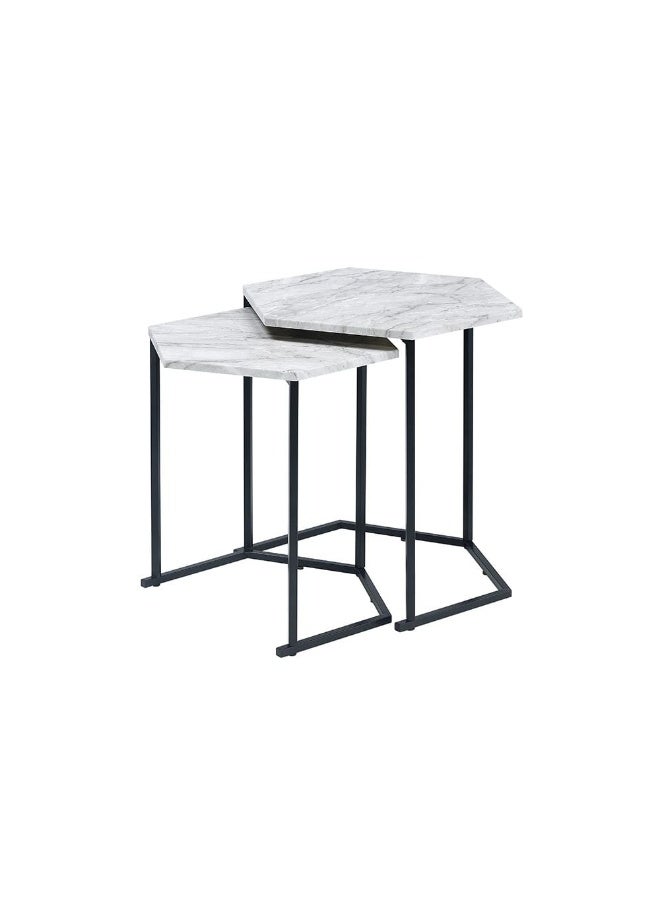 DANUBE HOME طقم طاولات ريبن المتداخلة من 2 - طاولات نهاية أنيقة من الرخام الأبيض والأسود لغرفة المعيشة، خشب هندسي ومعدن، مثالية للمساحات الصغيرة، الحجم L48xW41xH50cm - Image 2