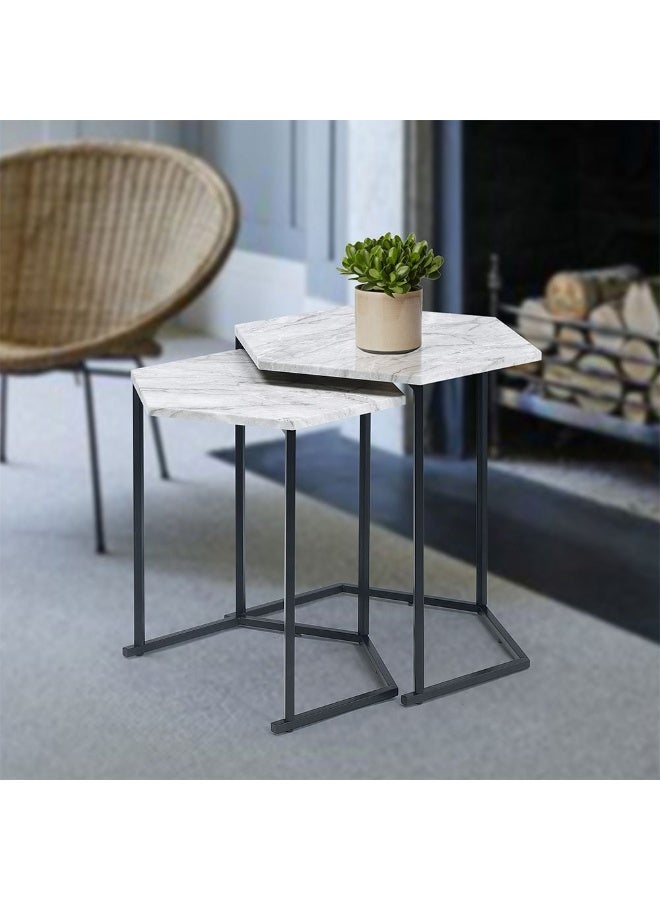 DANUBE HOME طقم طاولات ريبن المتداخلة من 2 - طاولات نهاية أنيقة من الرخام الأبيض والأسود لغرفة المعيشة، خشب هندسي ومعدن، مثالية للمساحات الصغيرة، الحجم L48xW41xH50cm - Image 1