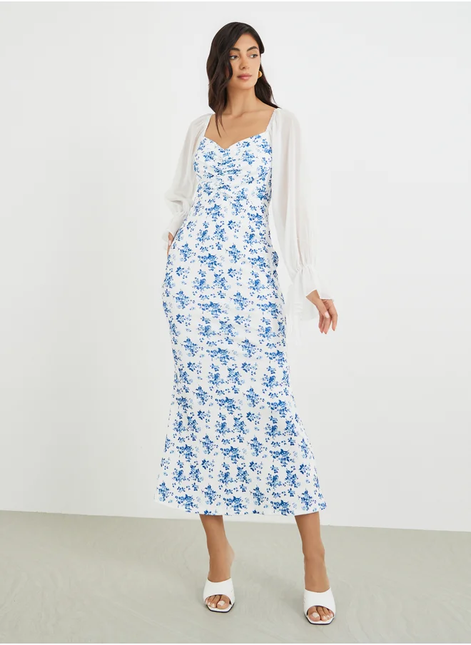 Styli Styli Floral Printed Balloon Sleeves Sweetheart Neck Midi Dress