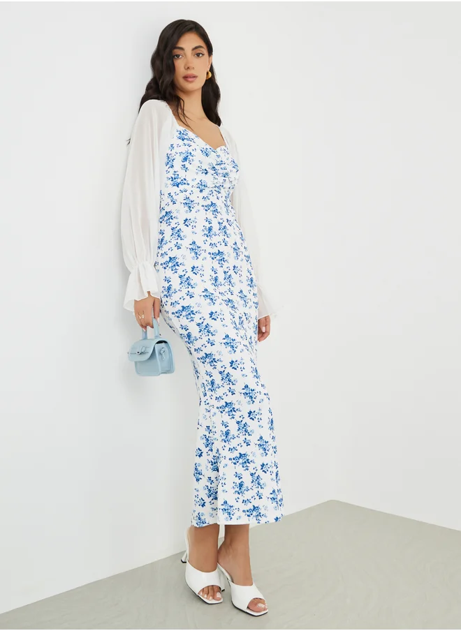 Styli Styli Floral Printed Balloon Sleeves Sweetheart Neck Midi Dress