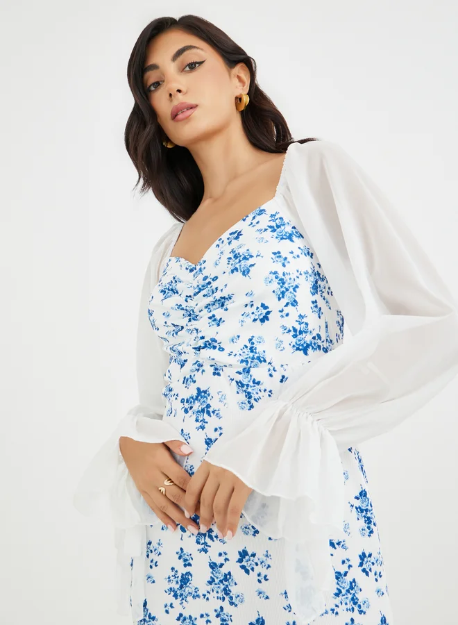 Styli Styli Floral Printed Balloon Sleeves Sweetheart Neck Midi Dress