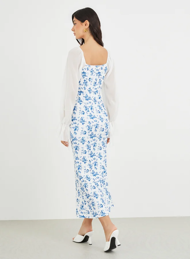 Styli Styli Floral Printed Balloon Sleeves Sweetheart Neck Midi Dress
