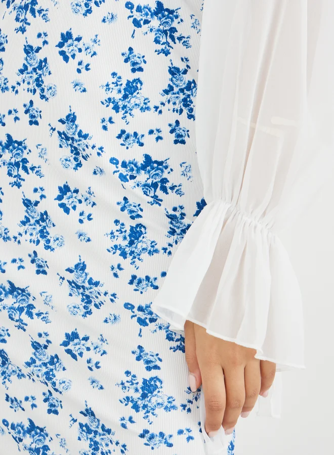 Styli Styli Floral Printed Balloon Sleeves Sweetheart Neck Midi Dress