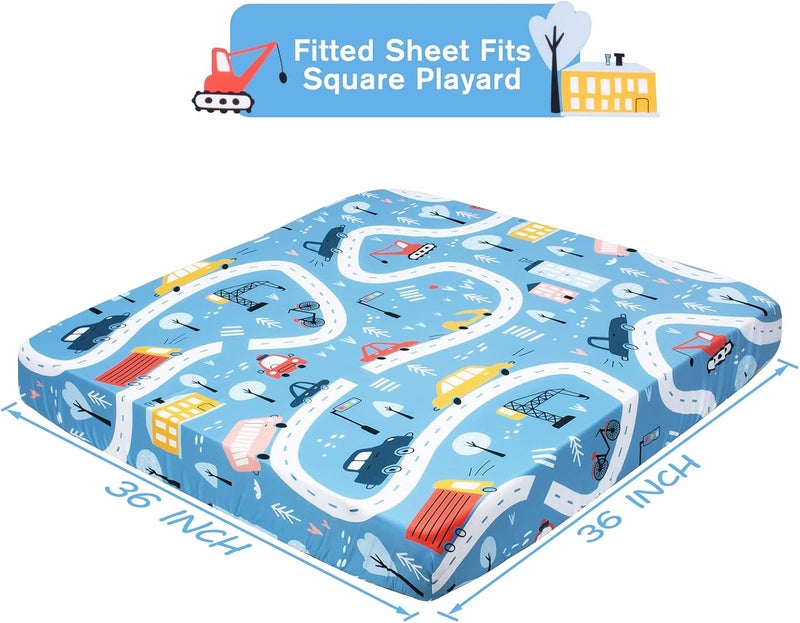 Square Playard/Playpen Fitted Sheets Perfect for 36 X 36 Portable Playard Mattresses - Square Pack and Play Crib Sheets - Ultra Soft Polyester Blue Car Fitted Playpen Sheet for Baby - Image 3