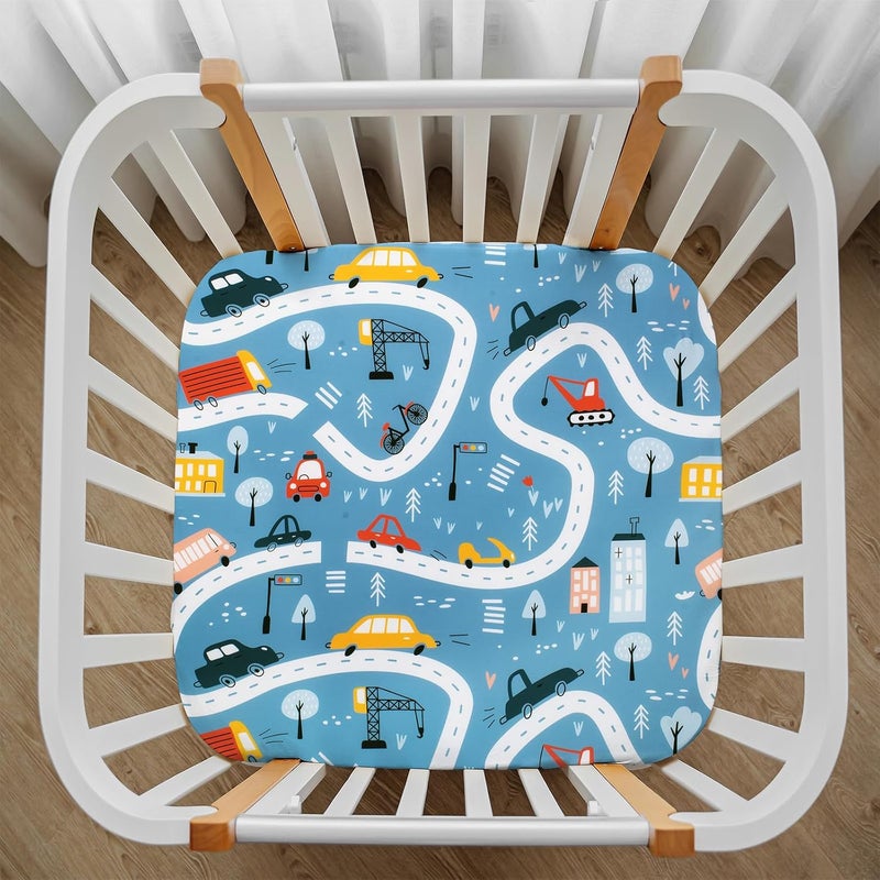 Square Playard/Playpen Fitted Sheets Perfect for 36 X 36 Portable Playard Mattresses - Square Pack and Play Crib Sheets - Ultra Soft Polyester Blue Car Fitted Playpen Sheet for Baby - Image 1