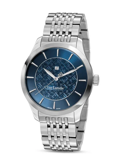 Guy Laroche Maxime 40mm Gents Swiss Quartz Watch with Two-Tone Textured Blue Dial & Silver Stainless Steel Bracelet, Sapphire Glass