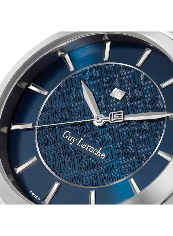 Guy Laroche Maxime 40mm Gents Swiss Quartz Watch with Two-Tone Textured Blue Dial & Silver Stainless Steel Bracelet, Sapphire Glass