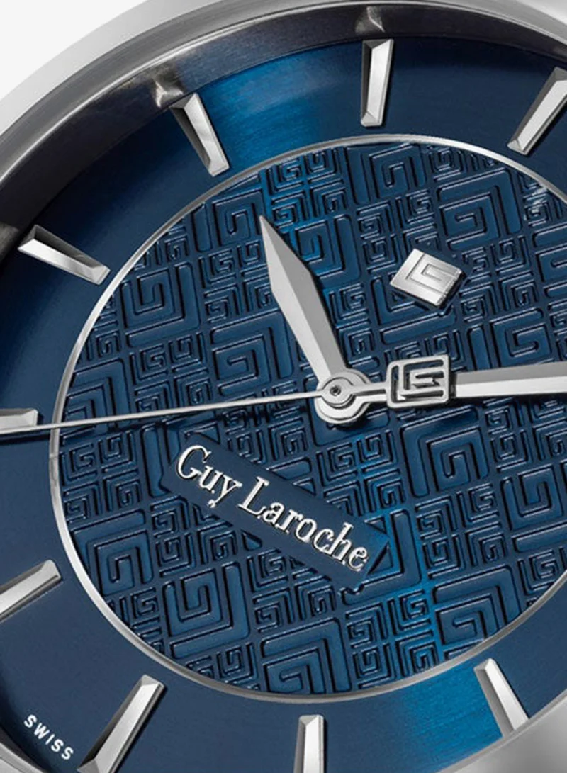 Guy Laroche Silver 2 Maxime 40mm Gents Swiss Quartz Watch with Two-Tone Textured Blue Dial & Silver Stainless Steel Bracelet, Sapphire Glass for Men | Best Price UAE