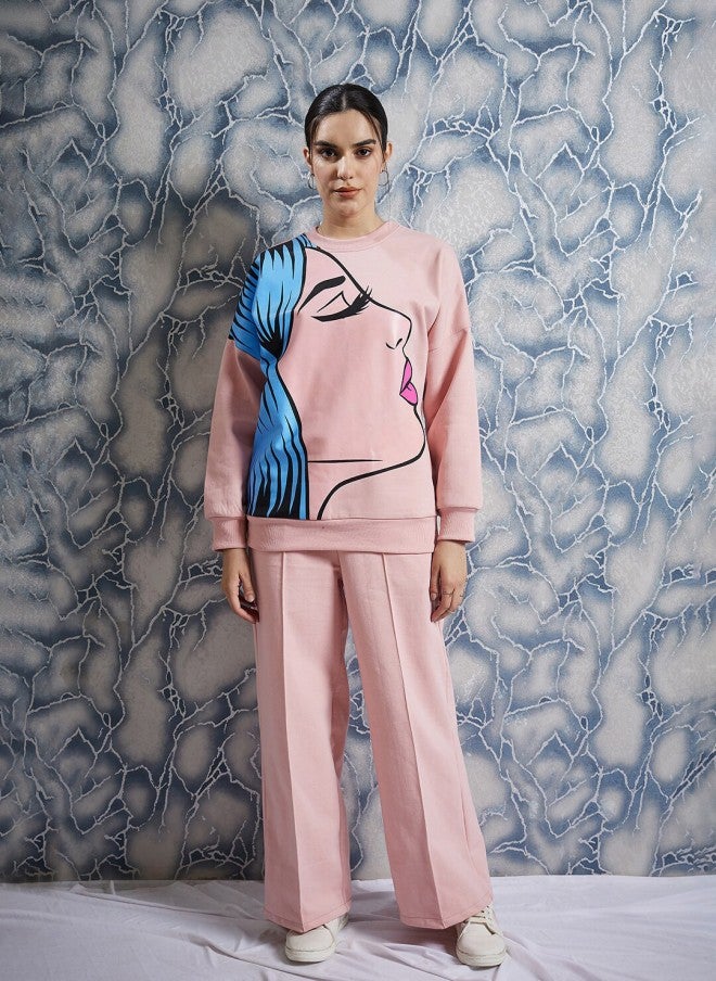 Athena Peach Graphic Printed Fleece Pullover for Women - Image 1