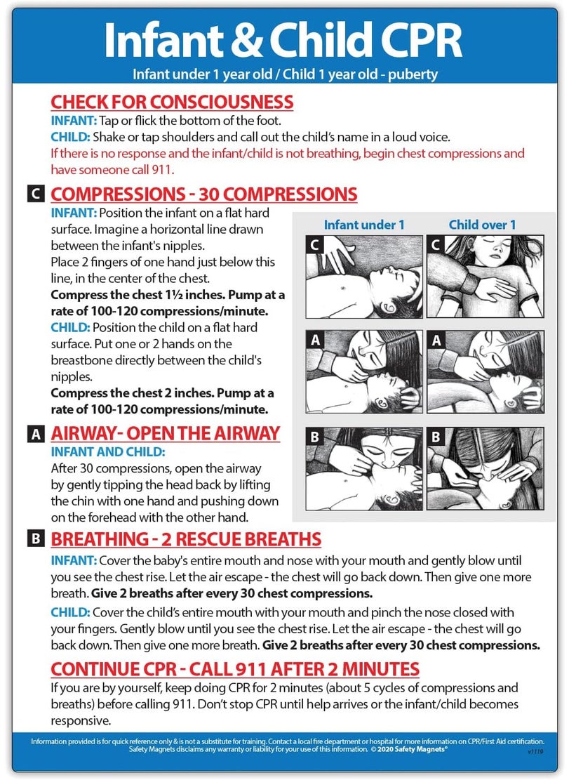 Safety Magnets Infant and Child CPR Fridge Magnet - CPR First Aid for Baby and Child - by Safety Magnets - 5 x 7 inches 