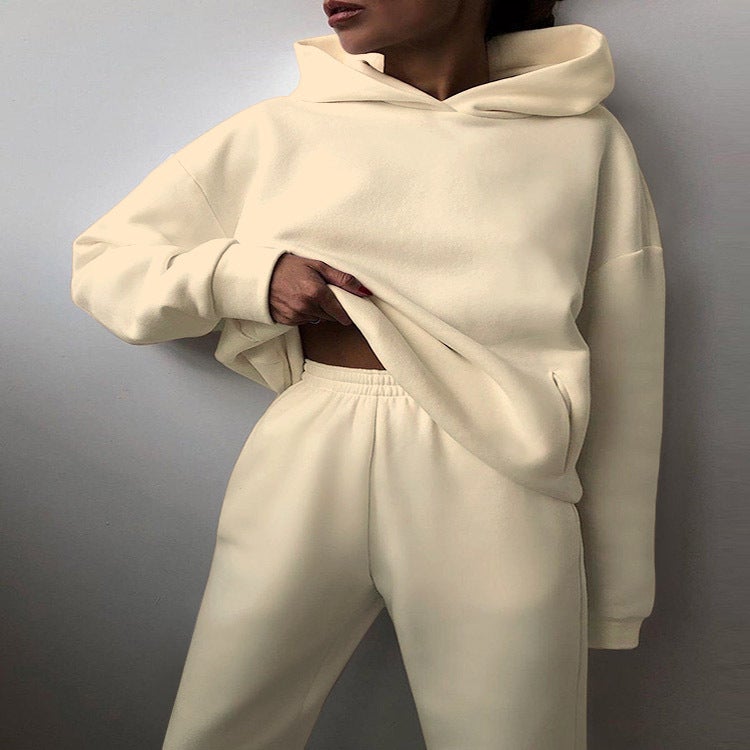 2022 cross-border spring and autumn fashion casual hooded sweater two-piece long sleeve solid color fleece skinny casual suit Skin color